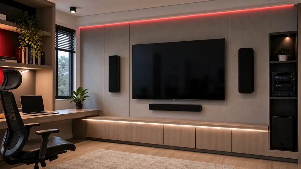 Residential media room and home office with display, speakers and hidden cabling
