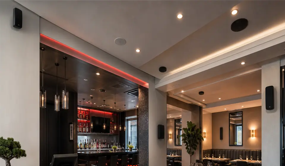 Distributed speakers for a zoned sound system in a commercial area