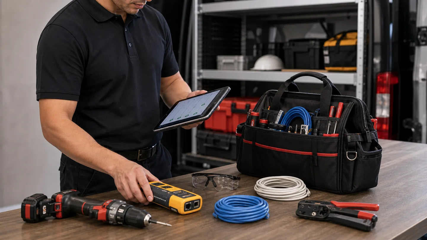 Field candidate preparing tools and tablet checklist for low-voltage work