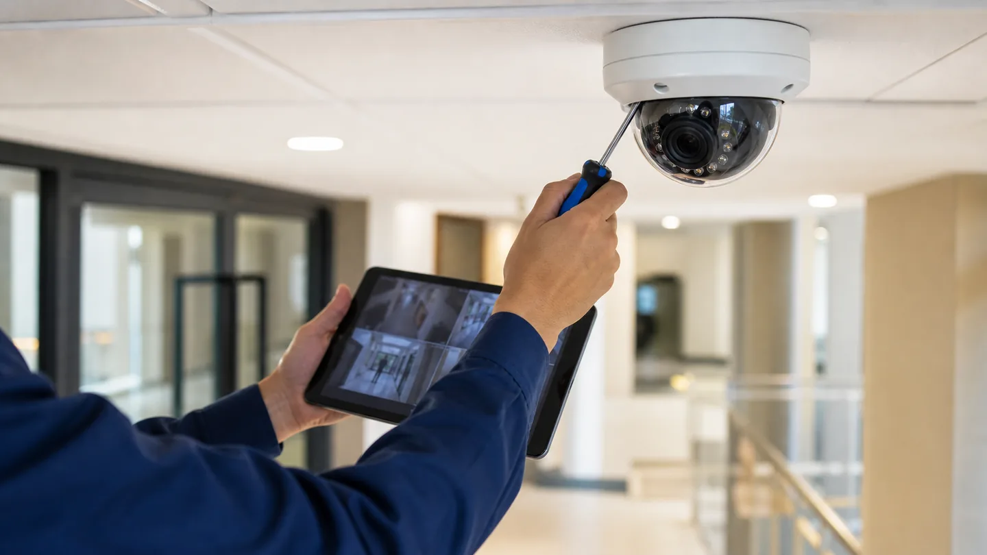 Technician adjusting a CCTV camera and checking the view on a tablet