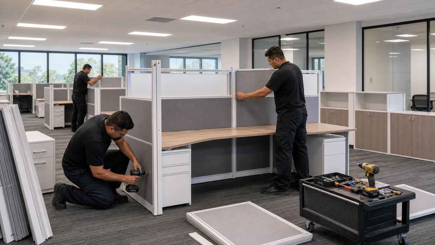 Commercial office workstations being installed by a field crew