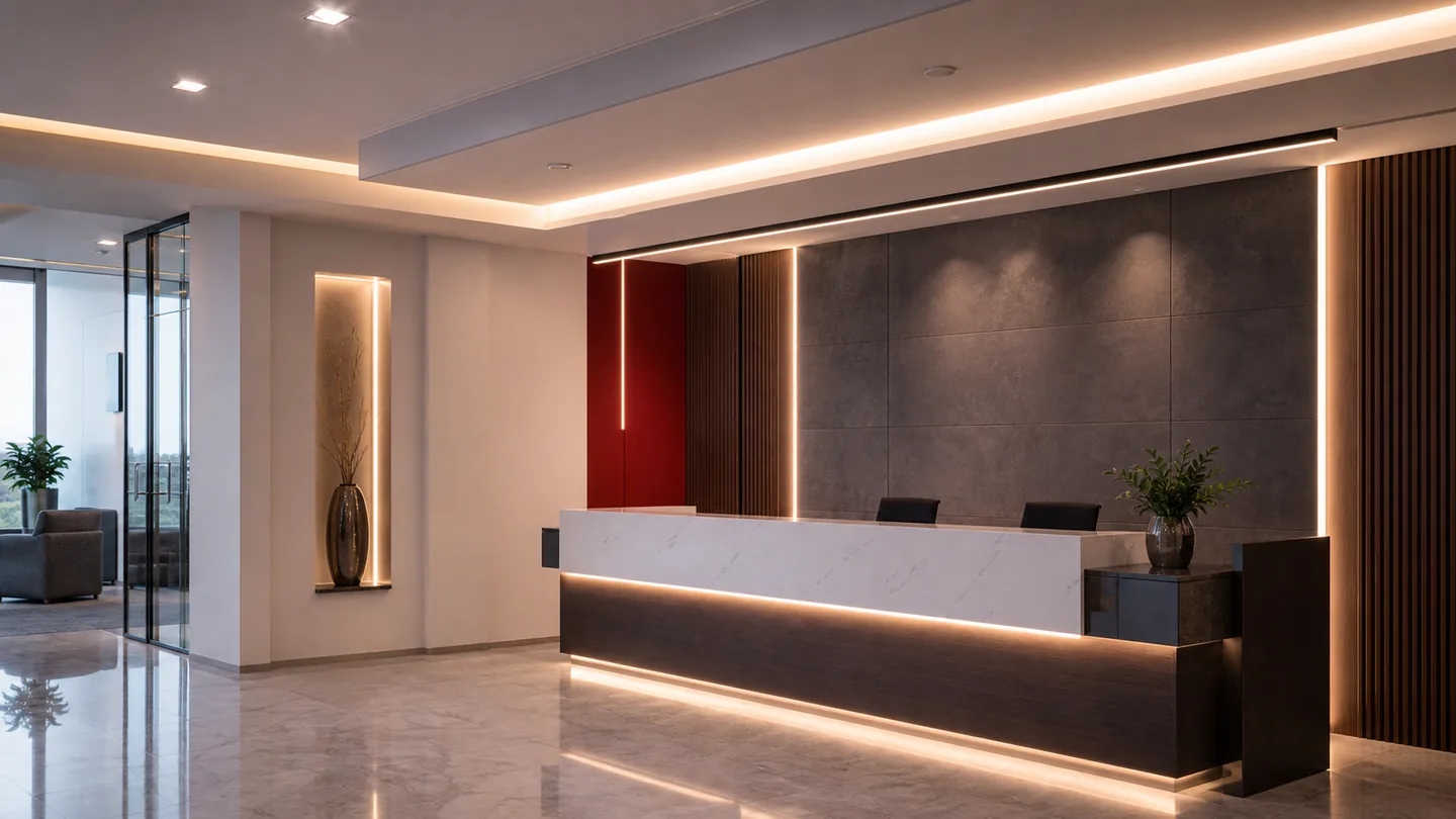 Architectural low-voltage LED accent lighting in a modern reception area