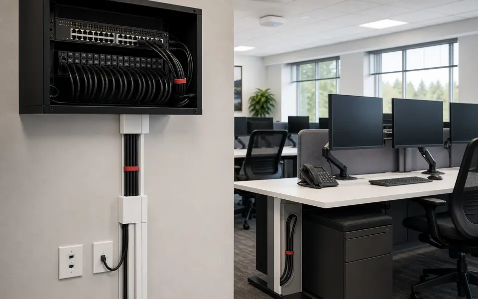 Organized network cabling for office workstations in a modern workplace