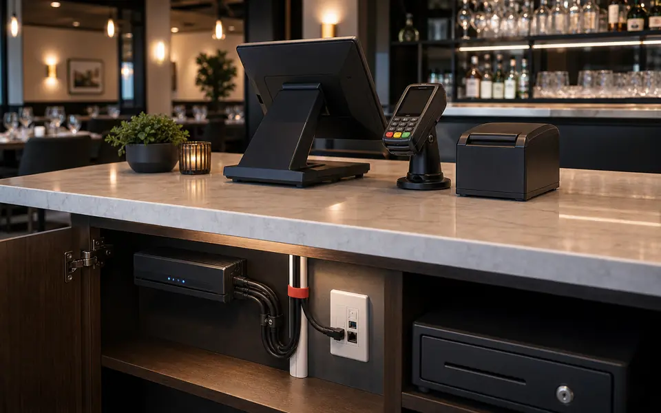 Restaurant counter with POS terminal, payment device and organized cabling