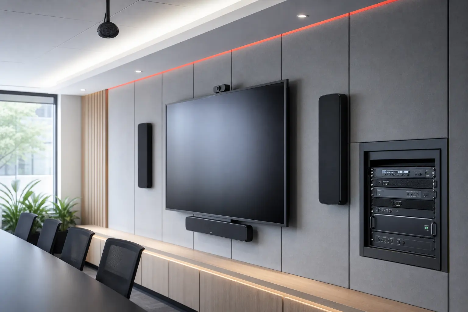 Sistema de audio y video moderno en una sala de reuniones