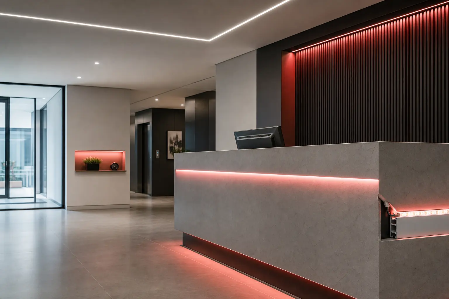 Iluminación LED low-voltage de acento en un lobby moderno