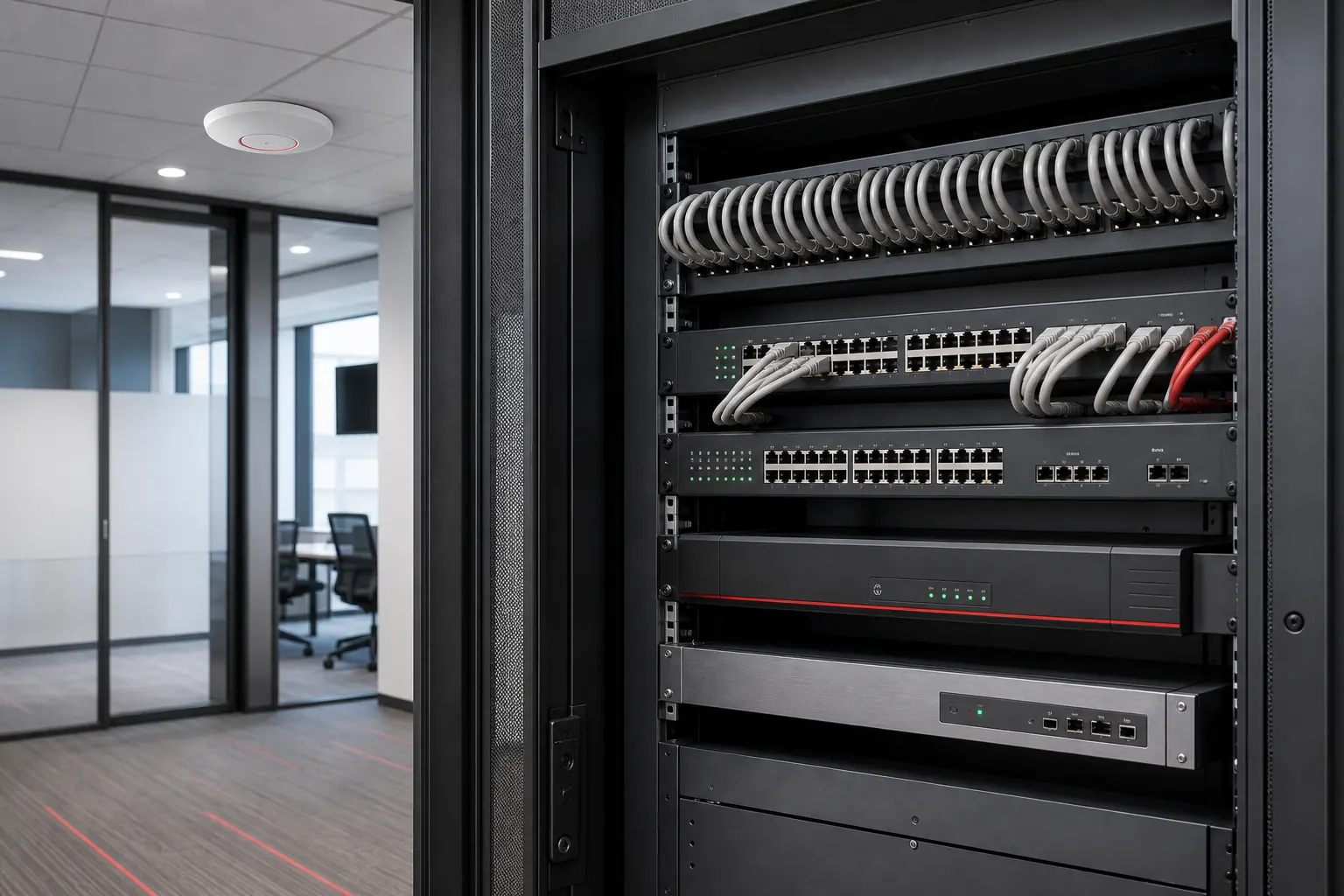 Rack de red limpio y access point Wi-Fi en una oficina moderna
