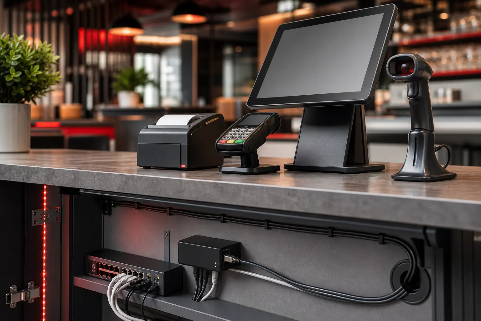 Terminal POS y conectividad limpia de dispositivos bajo counter