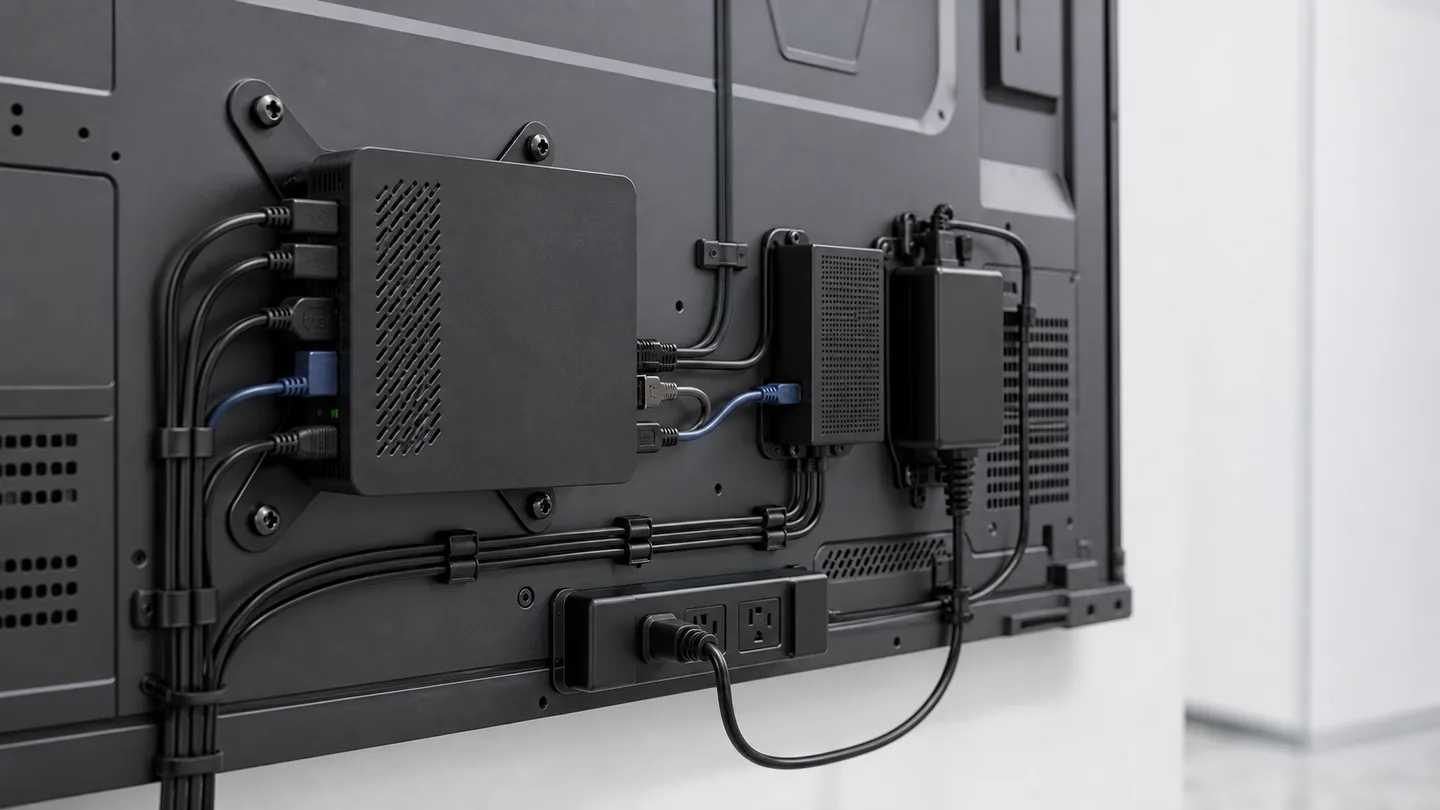 Digital signage media player and clean network cabling behind a display