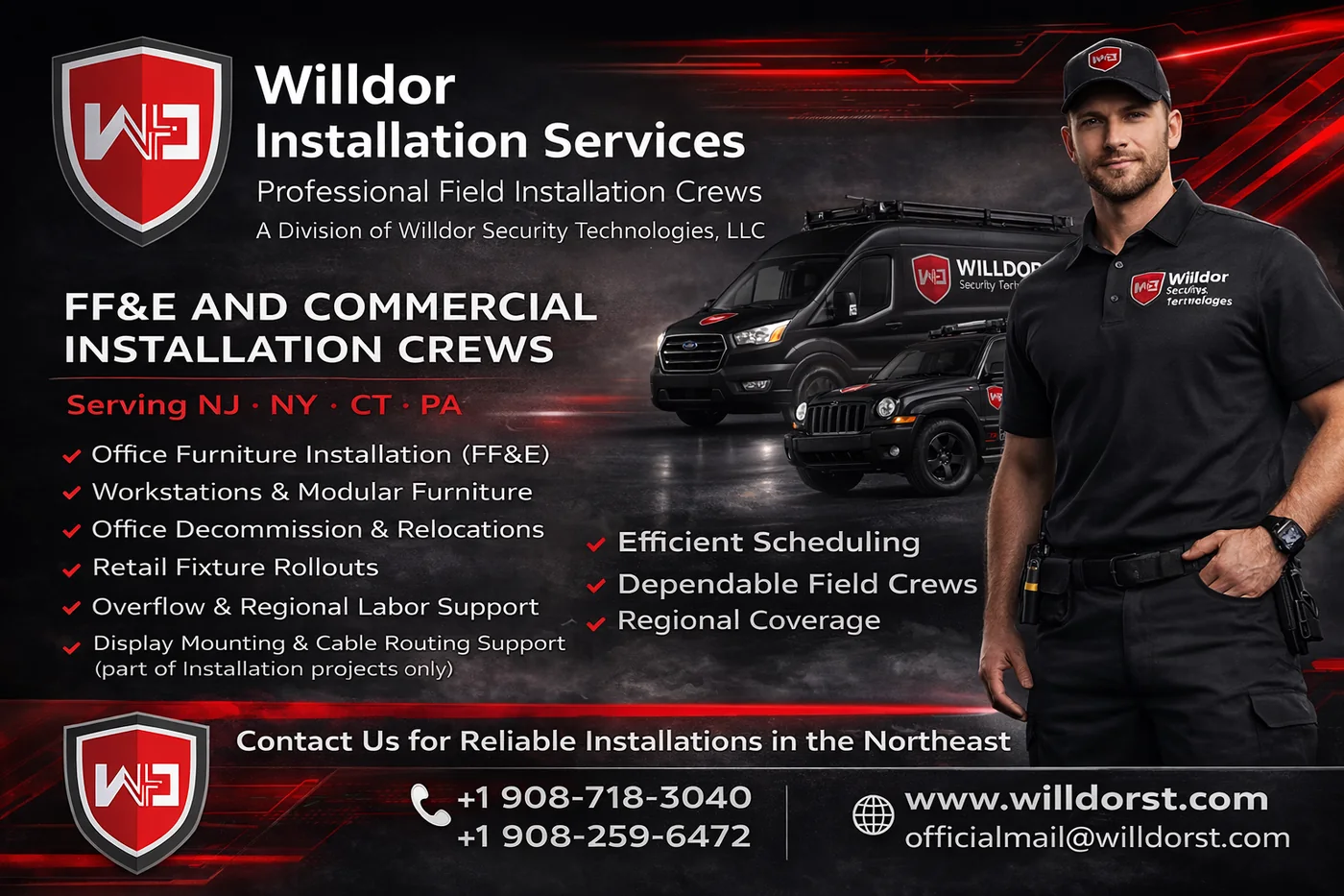 Publicidad de Willdor Installation Services para equipos FF&E y comerciales